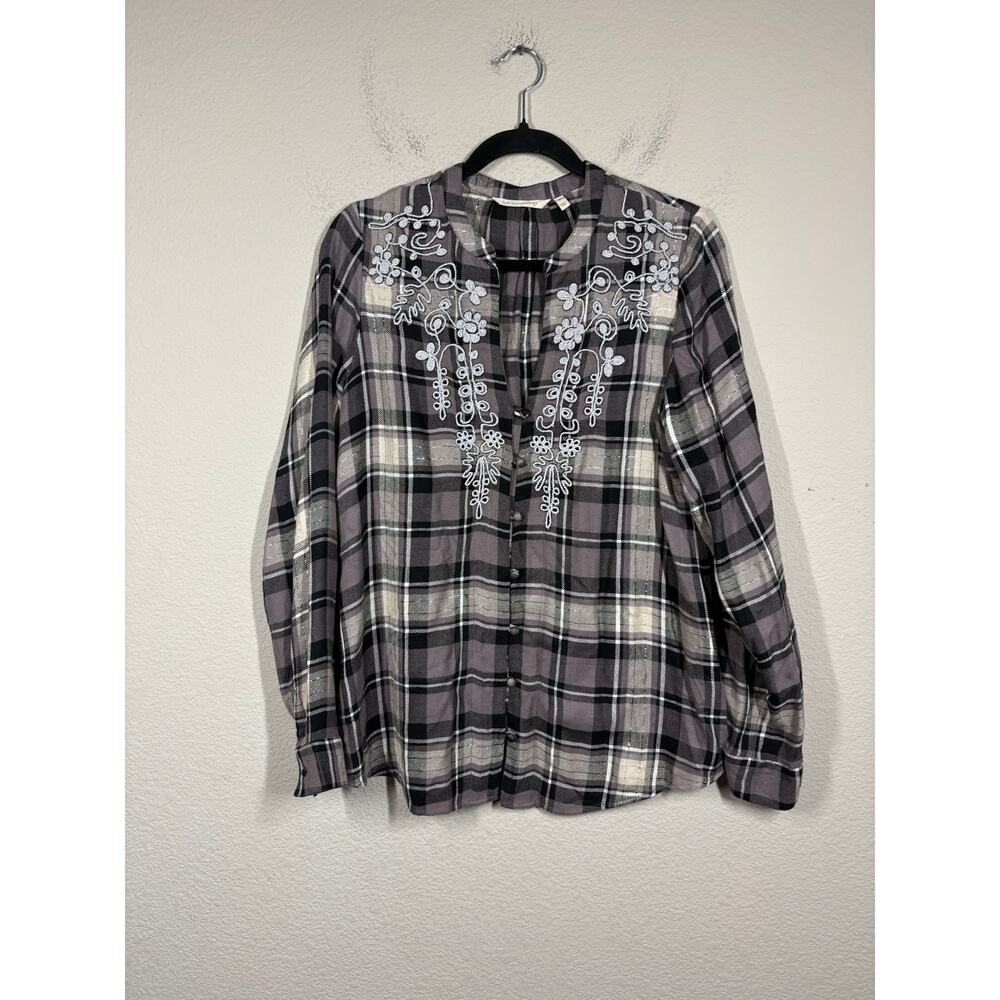 Soft Surroundings Size XS Embroidered Tunic Blouse Gray Plaid Flannel Button Up